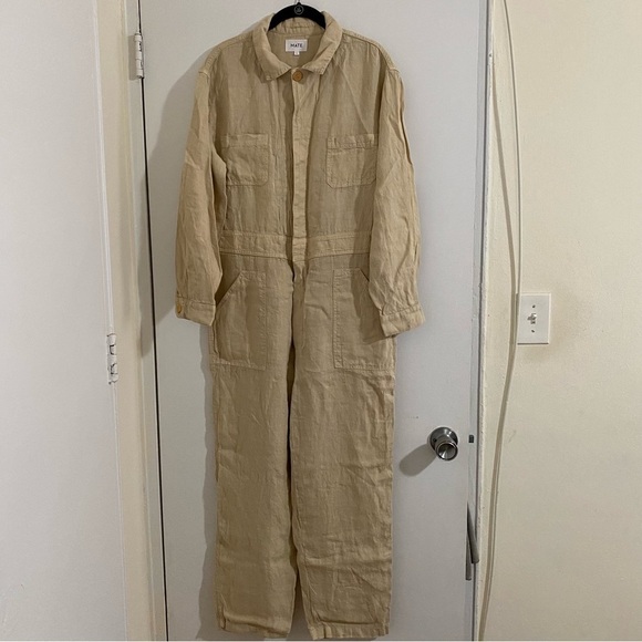 Mate the Label Linen Long Sleeve Jumpsuit Natural Sz Large - Picture 3 of 14